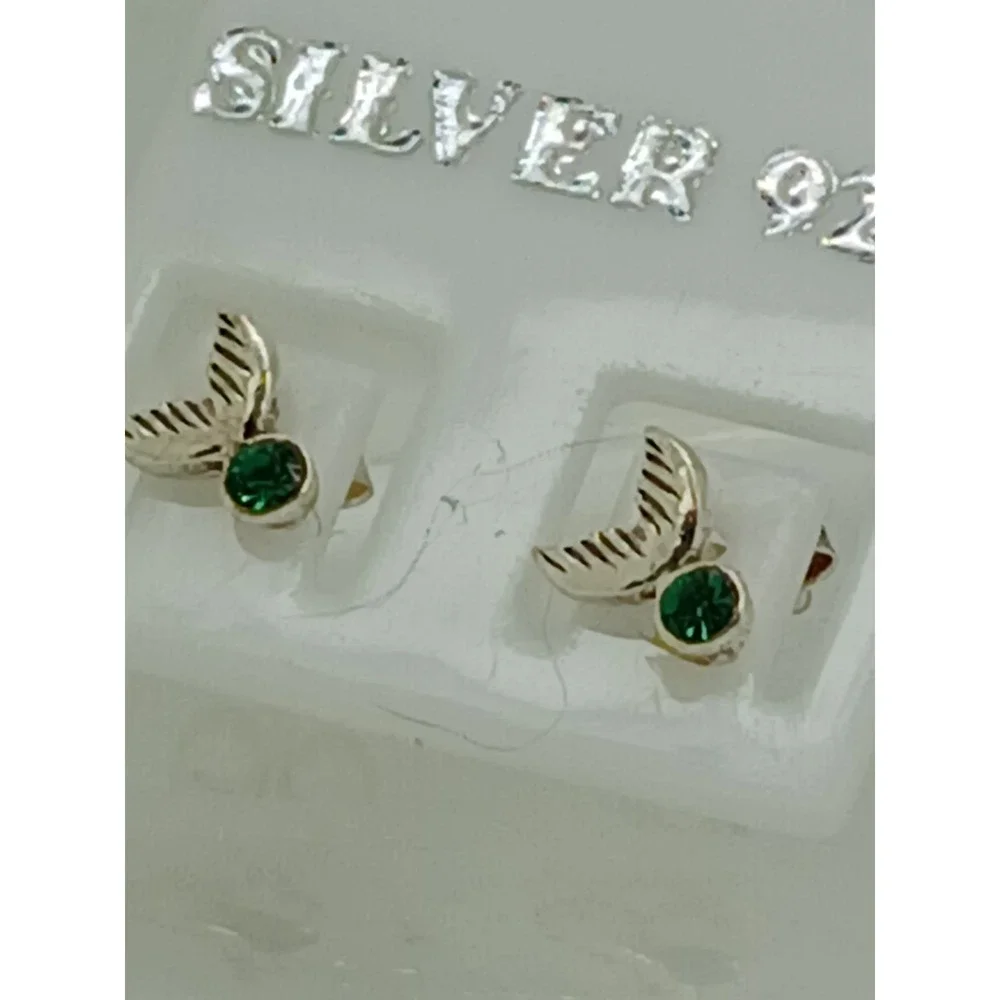 Sterling Silver 925 Mermaid Tail Stud Earrings Green Crystal Nautical Jewelry‎